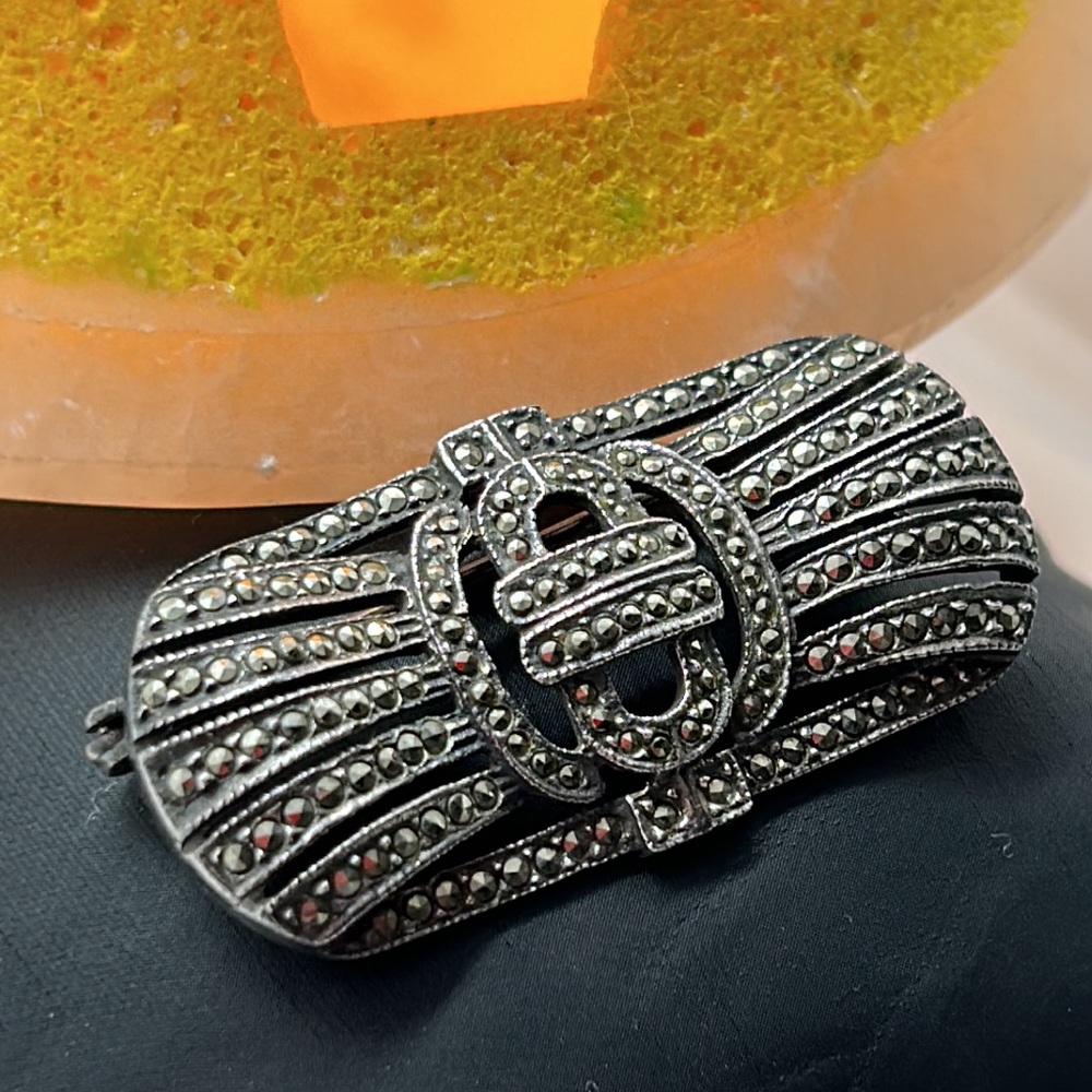 Art Deco Sterling Silver Marcasite Brooch Pin - Picture 8 of 8